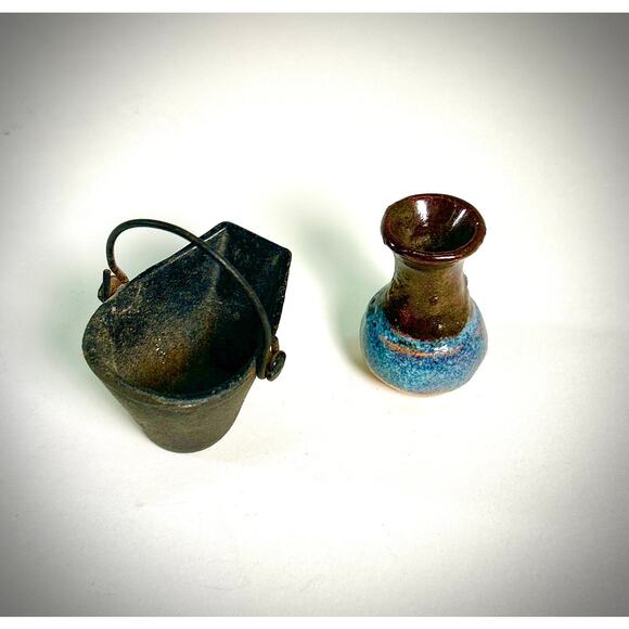 Miniature Lot, Cast Iron Coal Bucket + Rustic, glazed Stoneware Dollhouse Vase - Picture 1 of 6